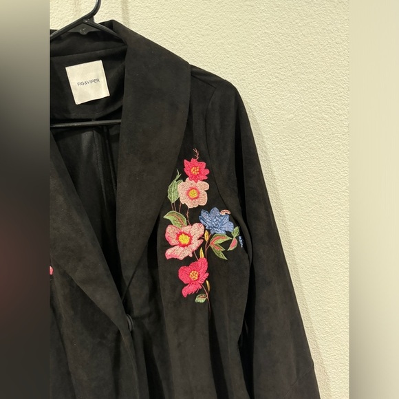 Fig & Viper Black Embroidered Floral Longline Faux Suede Boho Trench Coat Large - Picture 5 of 15